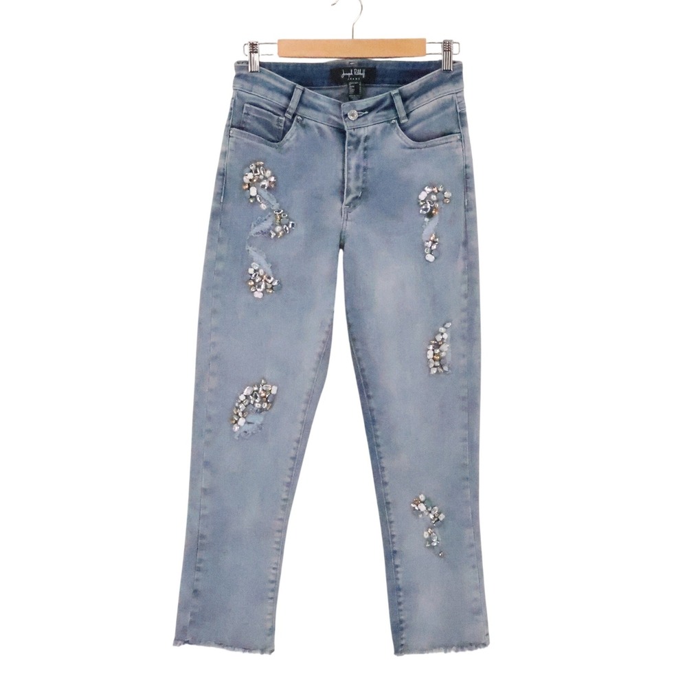 Joseph Ribkoff Embellished Distressed Jeans Womens Size 8 Light Wash Rhinestone